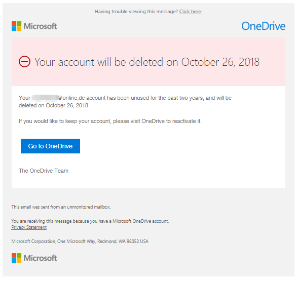 E Mail Wegen Löschung Des Onedrive Kontos Microsoft Ist Echt