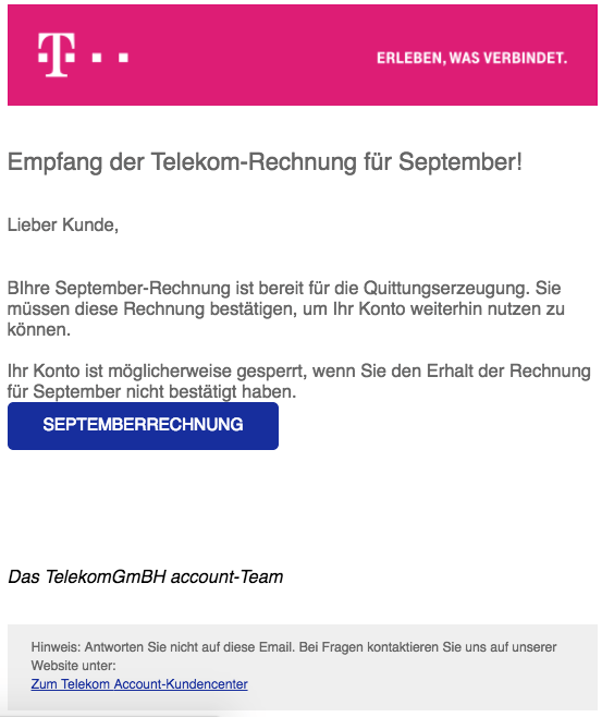 Telekom Phishing: September Rechnung Warnung ist Spam