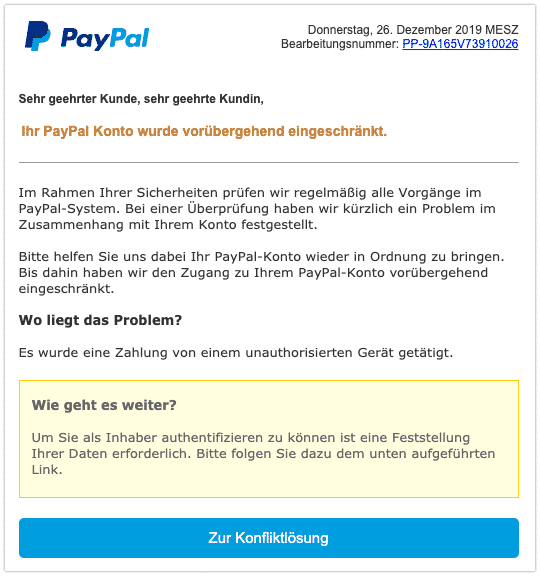 Email Paypal Konfliktlösung